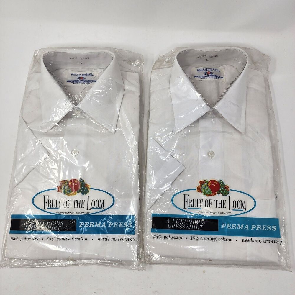 2 Fruit Of The Loom Vtg 60's 70's White Button Up Short Sleeve Shirt Size 14*2